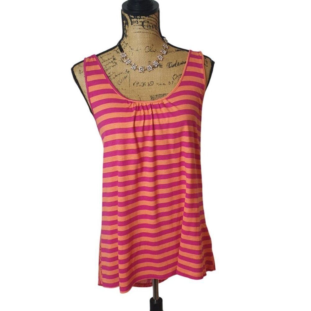 Faded Glory Womens Racerback Tank XL Striped & Crochet Raspberry Orange Festive